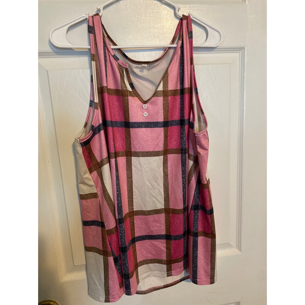 Pink Plaid V-Neck Tank Top Sleeveless Blouse Size 1XL Checkered Button Detail